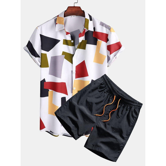 Oliver - Geometric Color Block Print Button Up Shirt & Swim Shorts