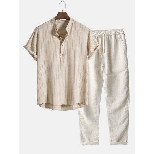 Kane - Linen Blend Striped Half Open Placket Henley Collar Shirt & Straight Leg Linen Pants