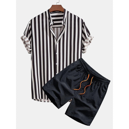 Travis - Striped Stand Collar Shirt & Swim Shorts