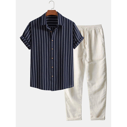 Aaron - Cotton Blend Striped Button Up Shirt & Straight Leg Linen Pants