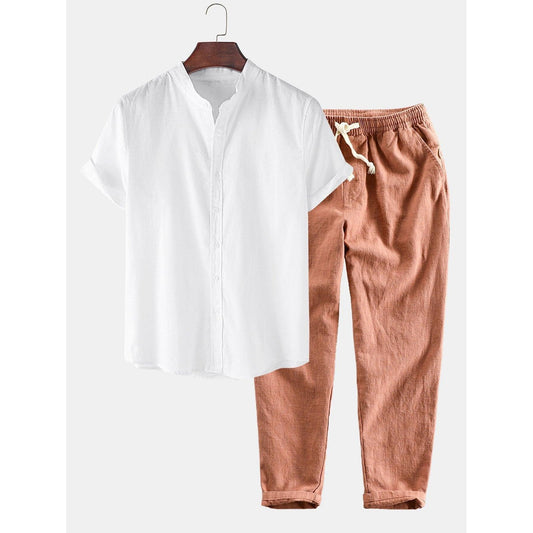 Patrick - Linen Look Short Sleeve Stand Collar Shirt & Linen Cotton Blend Cropped Pants