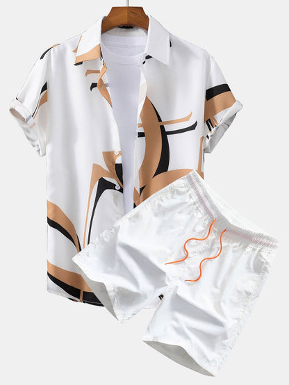 Daniel - Abstract Print Button Up Shirt #Random Pattern Design# & Swim Shorts