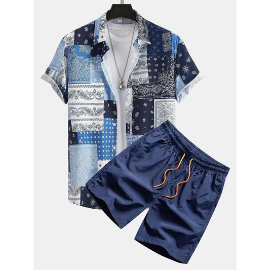 Finn - Paisley Patchwork Print Button Up Shirt #Random Pattern Design# & Swim Shorts