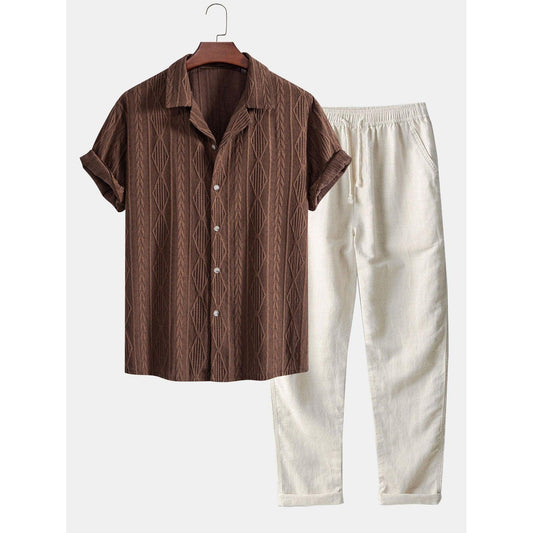Dylan - Geometric Jacquard Eyelet Cuban Shirt & Straight Leg Linen Pants
