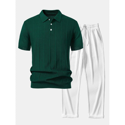 Cooper - Stripe Jacquard Knit Polo Shirt & Straight Leg Ribbed Pants