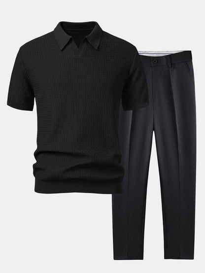 Jack - Wave Jacquard Knit V Neck Polo Shirt & Slim Fit Tapered Trousers