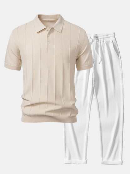 Cooper - Stripe Jacquard Knit Polo Shirt & Straight Leg Ribbed Pants