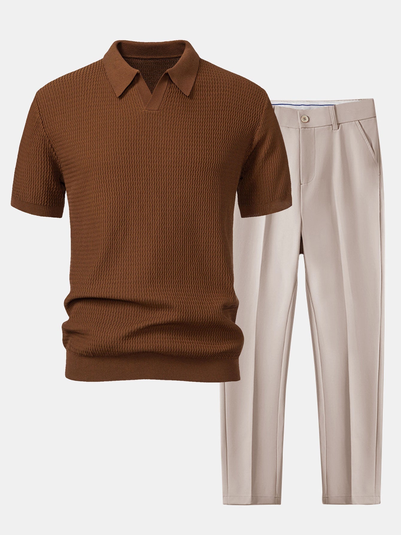 Jack - Wave Jacquard Knit V Neck Polo Shirt & Slim Fit Tapered Trousers