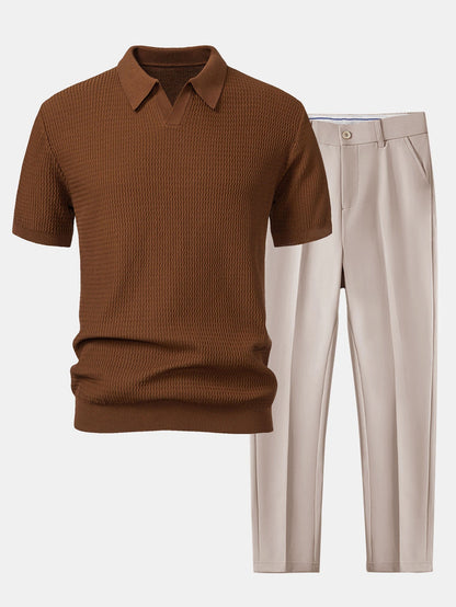 Jack - Wave Jacquard Knit V Neck Polo Shirt & Slim Fit Tapered Trousers