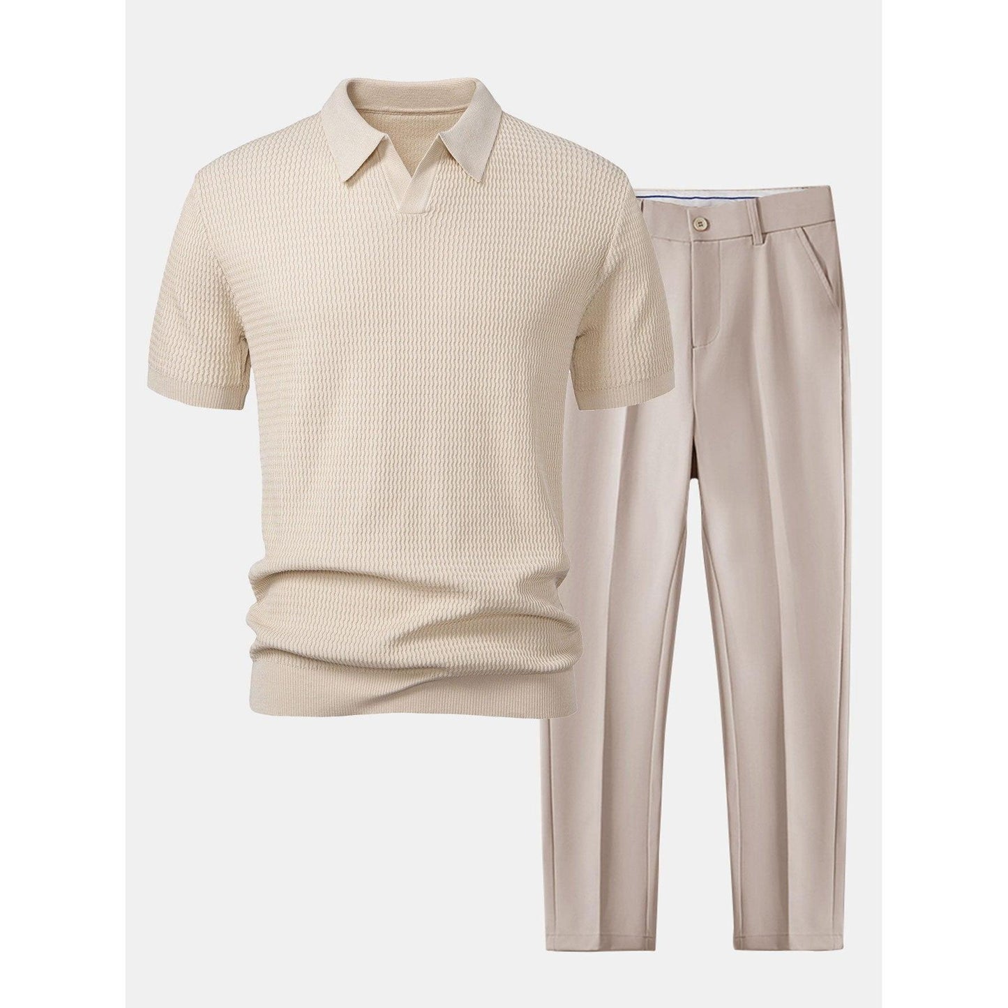 Jack - Wave Jacquard Knit V Neck Polo Shirt & Slim Fit Tapered Trousers
