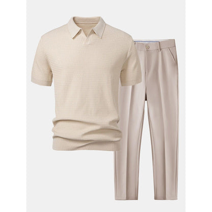 Jack - Wave Jacquard Knit V Neck Polo Shirt & Slim Fit Tapered Trousers
