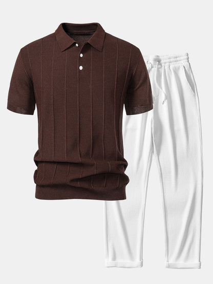 Cooper - Stripe Jacquard Knit Polo Shirt & Straight Leg Ribbed Pants