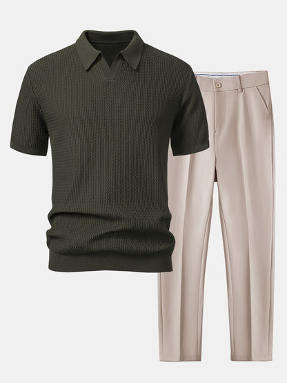 Jack - Wave Jacquard Knit V Neck Polo Shirt & Slim Fit Tapered Trousers