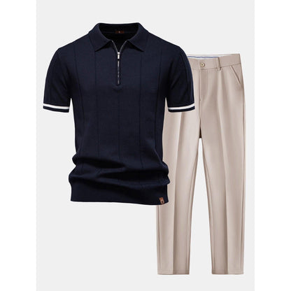 Mason - Contrast Trim Zipper Knit Polo Shirt & Slim Fit Tapered Trousers