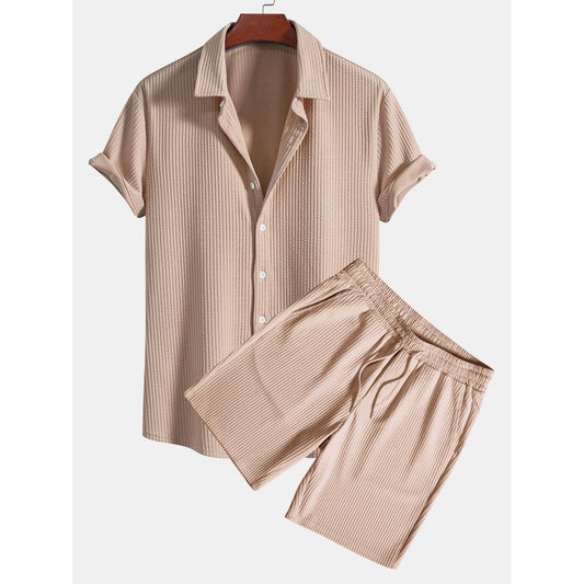 Darcy - Muscle Fit Ribbed Button Up Shirt & Shorts